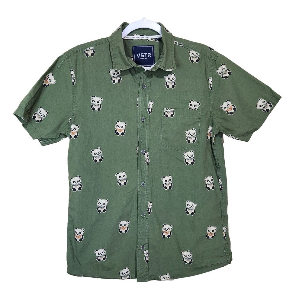 VSTR Shirt Mens Size Medium Green All Over Pandas Shirt Sleeve Cotton Novelty